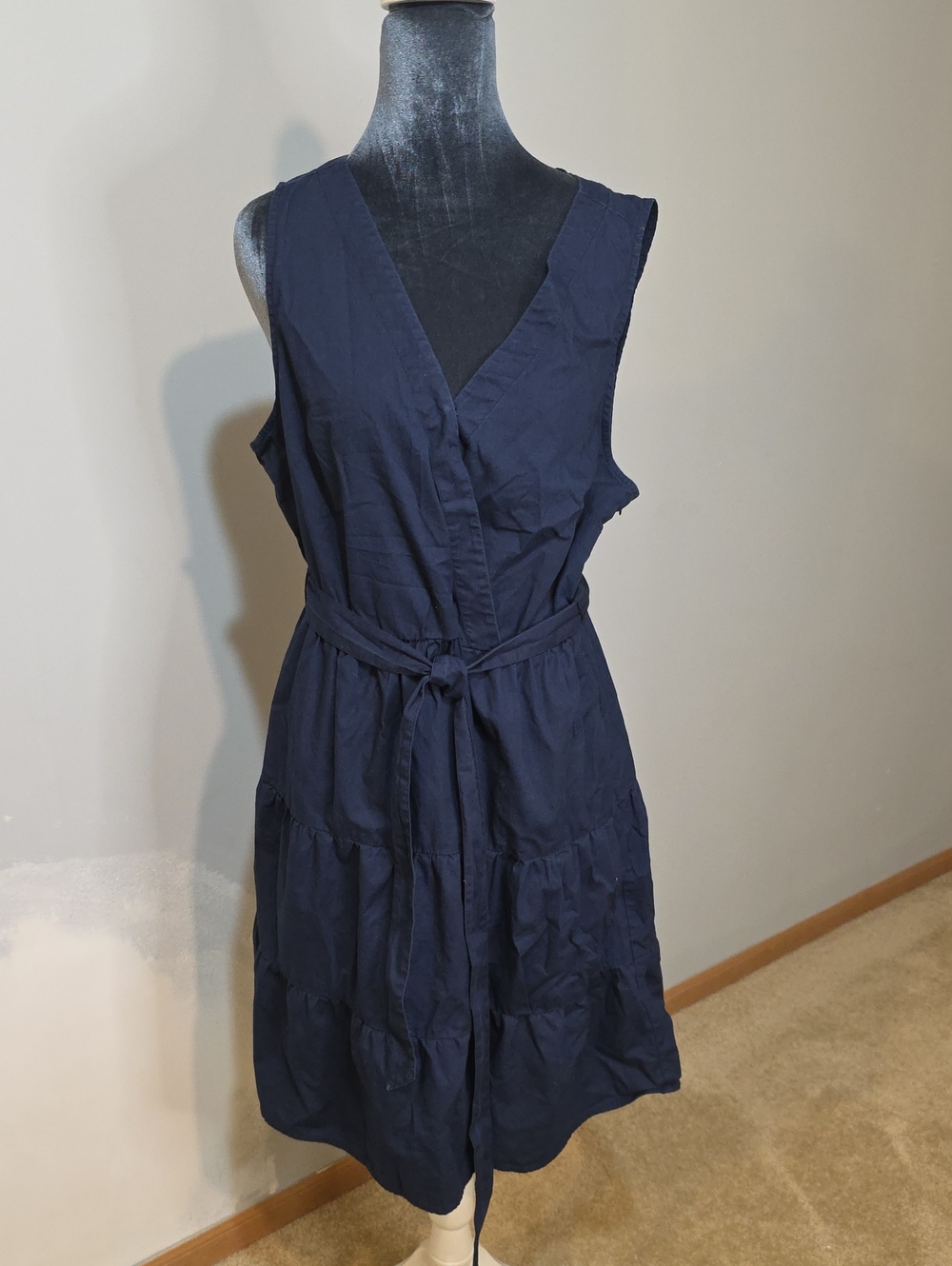 J. Crew Navy Sleeveless V-Neck Tie-Waist Midi Dress Sz 16